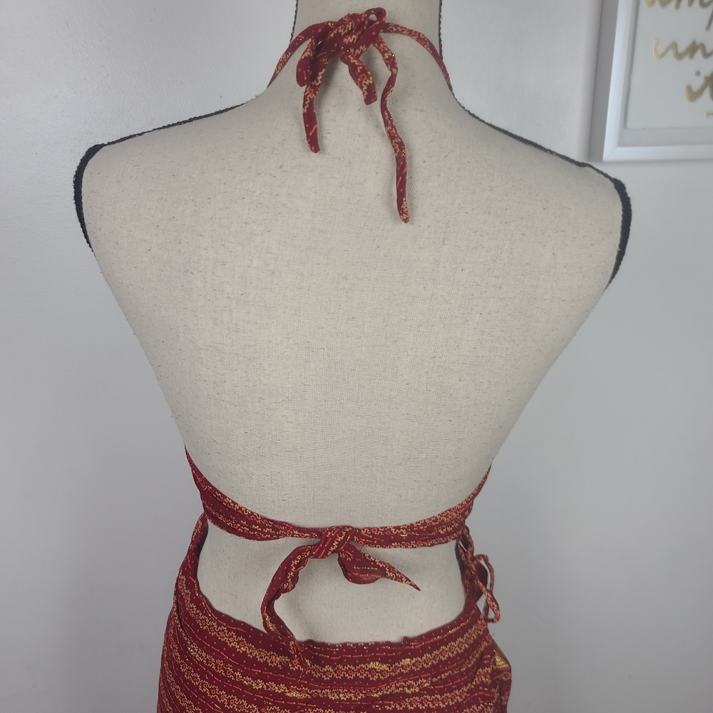 Red Sari Saree Skirt & Running Blouse Border Leheriya Print Regular Wear S - Picture 11 of 16